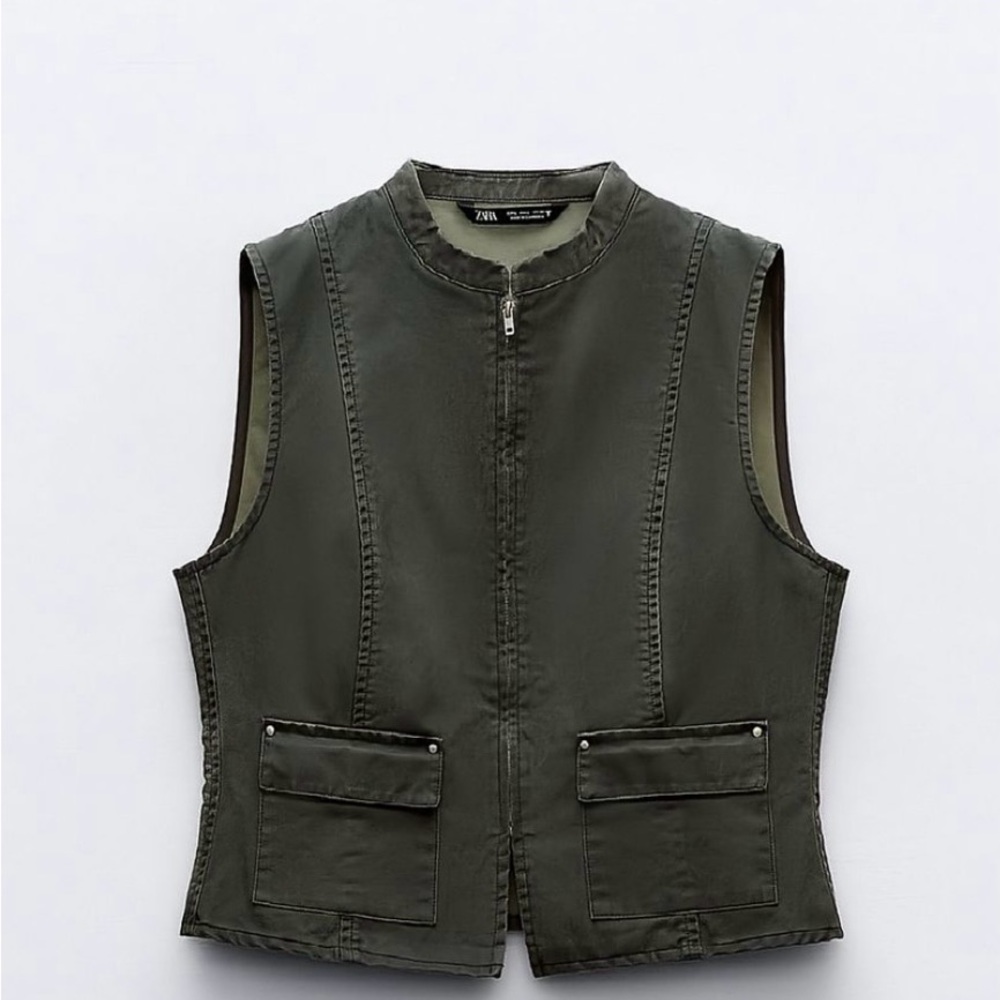 Zara Dark Olive Zip-Up Utility Vest/Mini Skirt Set